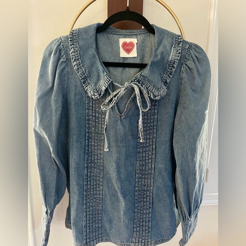 Denim Blue Women's Top with Ruffled Collar